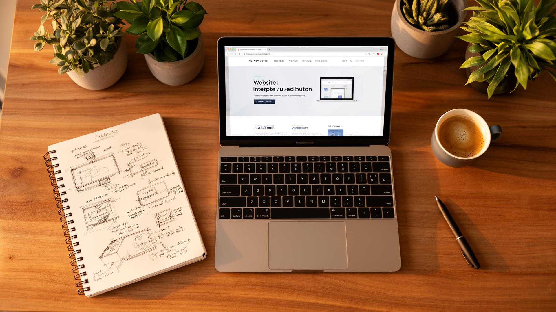 Designer-Arbeitsplatz mit Skizzenbuch, MacBook und Kaffee